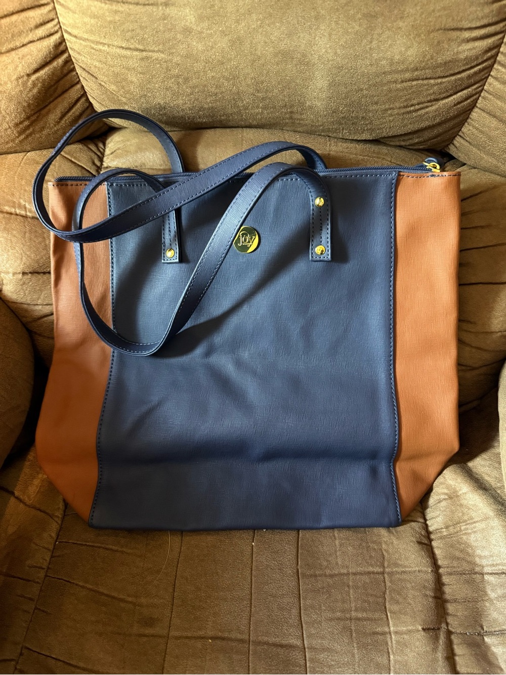 Joy Mangano Navy and Brown Two-Tone Leather Tote